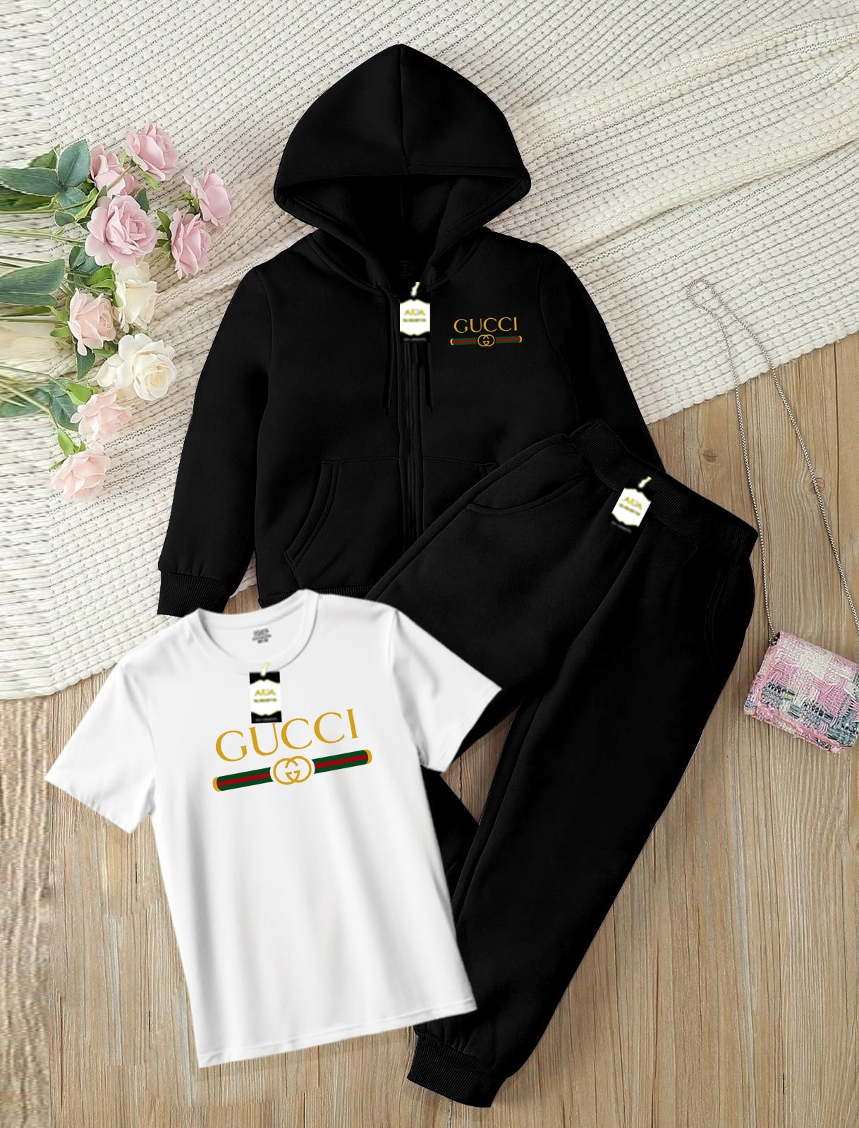 Kids Boys 3 Piece Fleece Tracksuit Set – Zipper With Hoodie, T-Shirt & Trouser ( Guc-ci Printed )