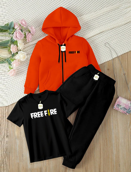 Kids Boys 3 Piece Fleece Tracksuit Set – Zipper With Hoodie, T-Shirt & Trouser ( FREE-FIRE Printed )