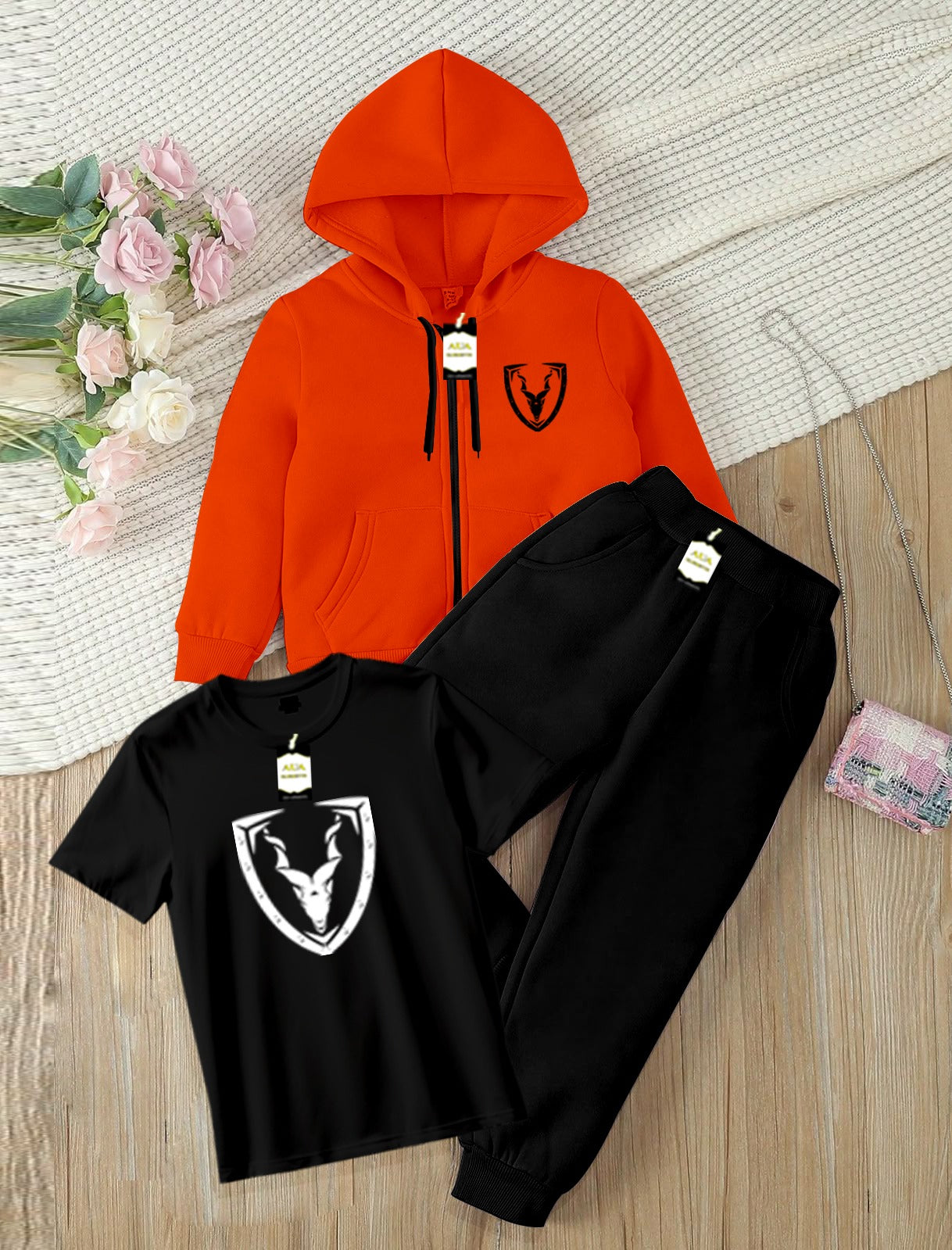 Kids Boys 3 Piece Fleece Tracksuit Set – Zipper With Hoodie, T-Shirt & Trouser ( Mar-Khor Printed )