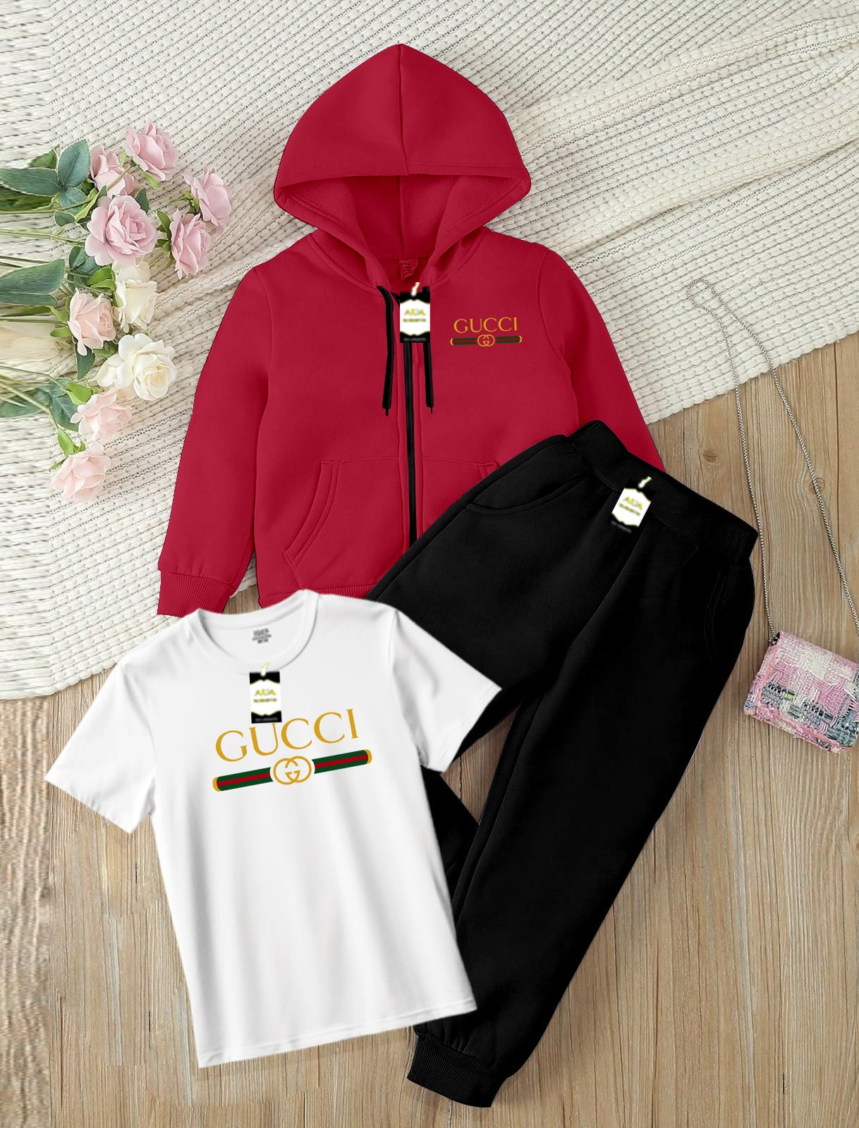 Kids Boys 3 Piece Fleece Tracksuit Set – Zipper With Hoodie, T-Shirt & Trouser ( Guc-ci Printed )