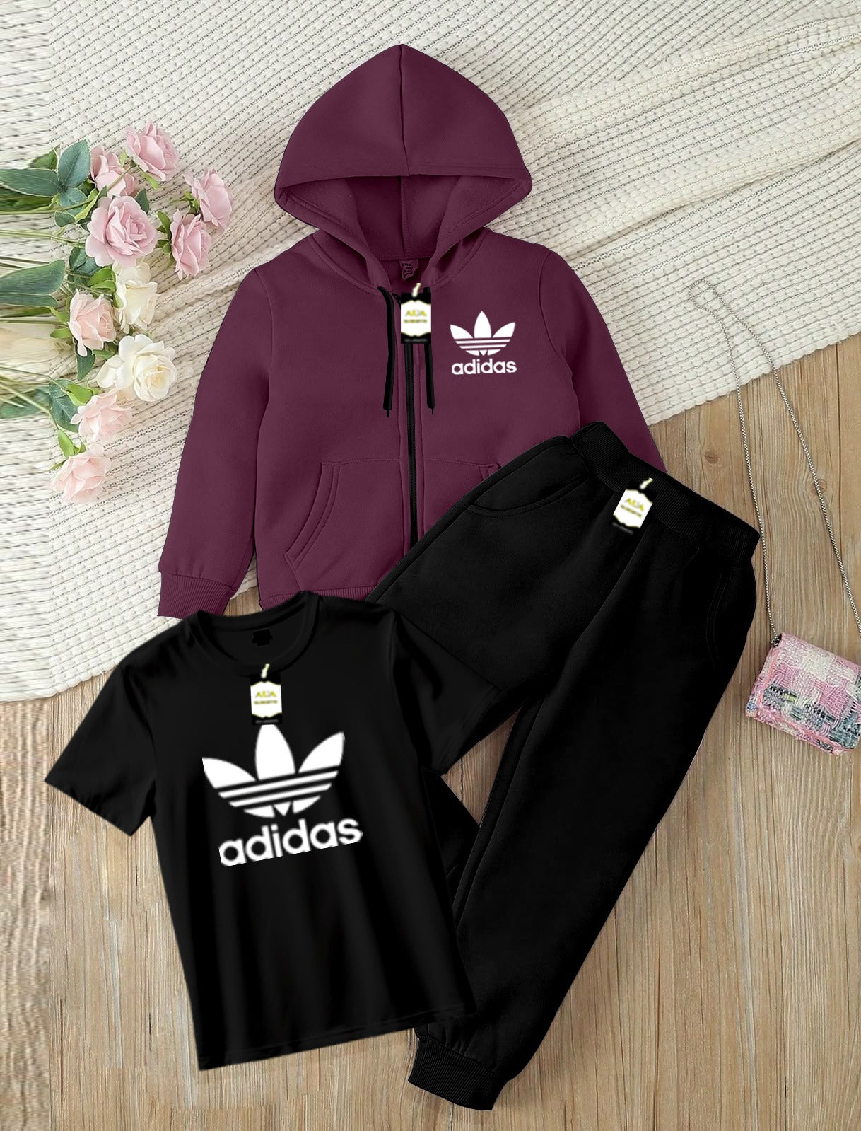 Kids Boys 3 Piece Fleece Tracksuit Set – Zipper With Hoodie, T-Shirt & Trouser ( ADI-DAS Printed )