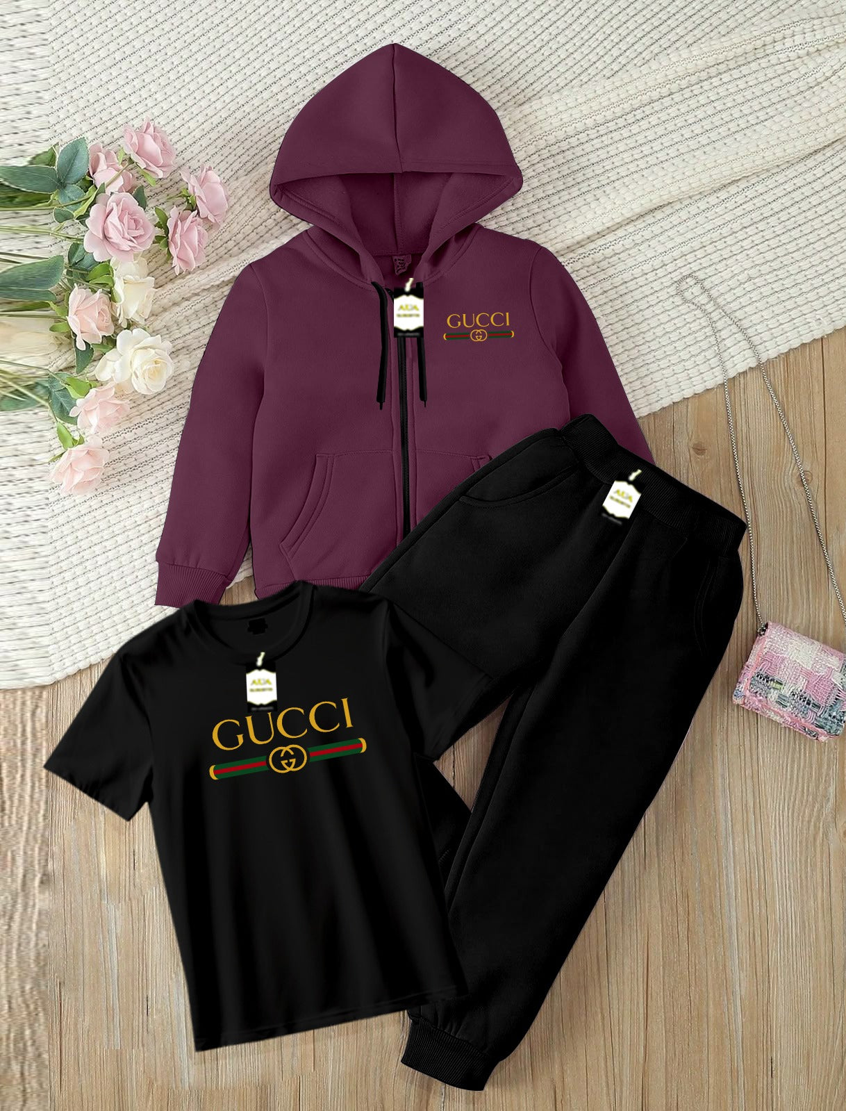 Kids Boys 3 Piece Fleece Tracksuit Set – Zipper With Hoodie, T-Shirt & Trouser ( Guc-ci Printed )