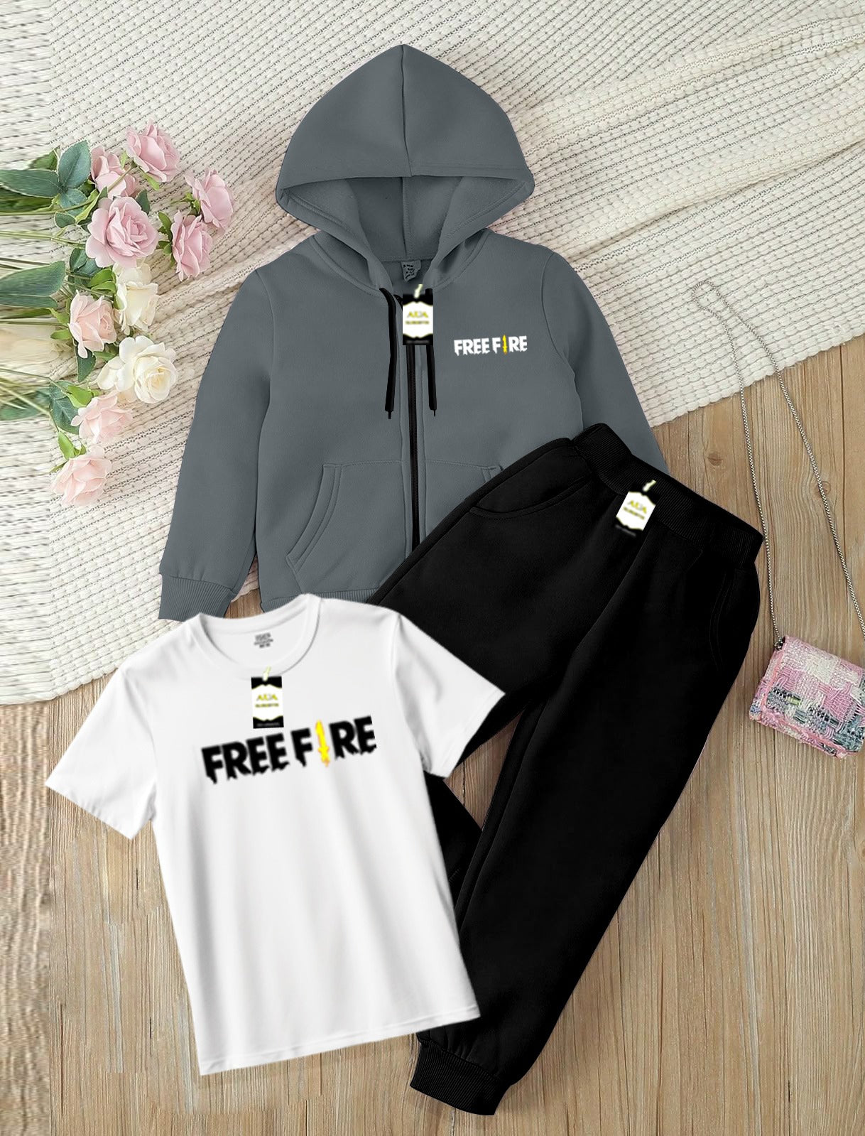 Kids Boys 3 Piece Fleece Tracksuit Set – Zipper With Hoodie, T-Shirt & Trouser ( FREE-FIRE Printed )