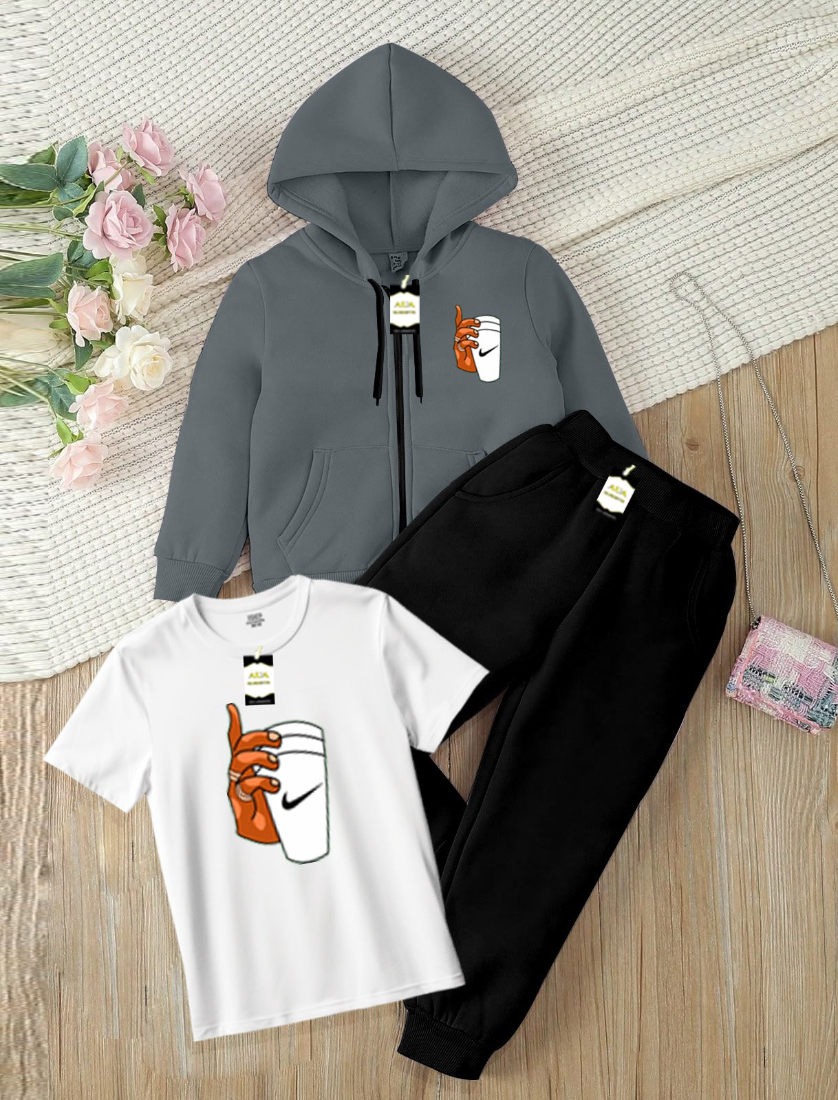 Kids Boys 3 Piece Fleece Tracksuit Set – Zipper With Hoodie, T-Shirt & Trouser ( Ni-ke Cup Printed )