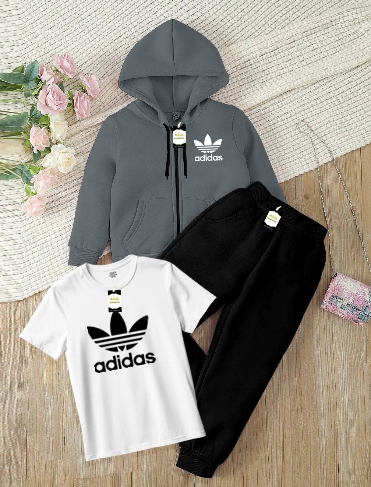 Kids Boys 3 Piece Fleece Tracksuit Set – Zipper With Hoodie, T-Shirt & Trouser ( ADI-DAS Printed )