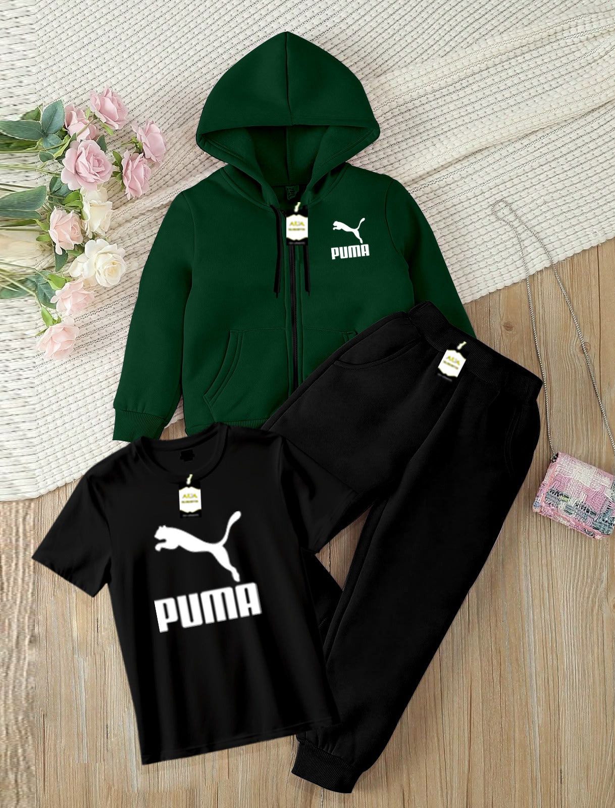 Kids Boys 3 Piece Fleece Tracksuit Set – Zipper With Hoodie, T-Shirt & Trouser ( PU-MA Printed )