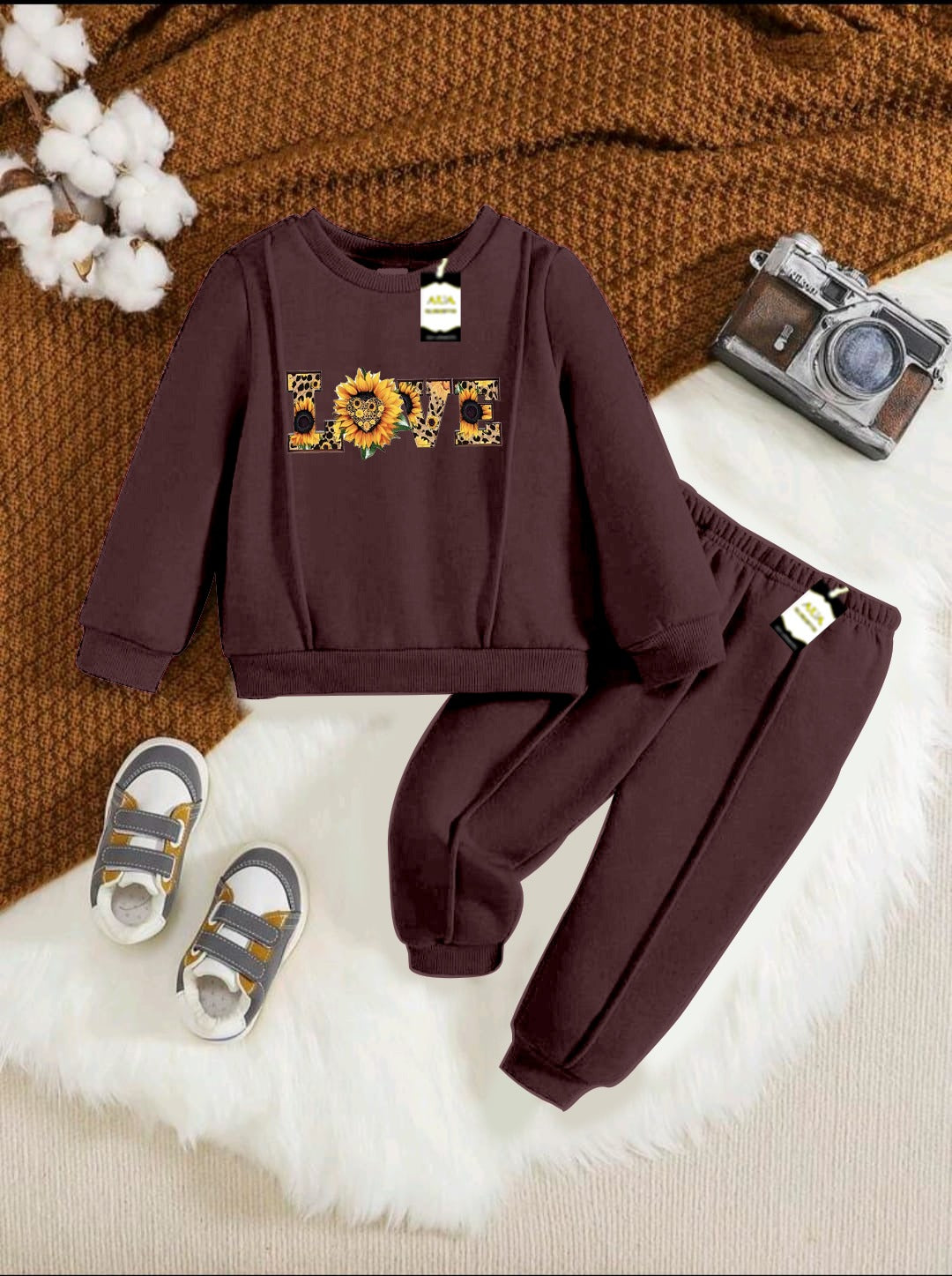 With Mix Print Sweatshirt & Trouser Set | Kids Fleece Winter Outfit For Girls (1-10 Years)Flower Love