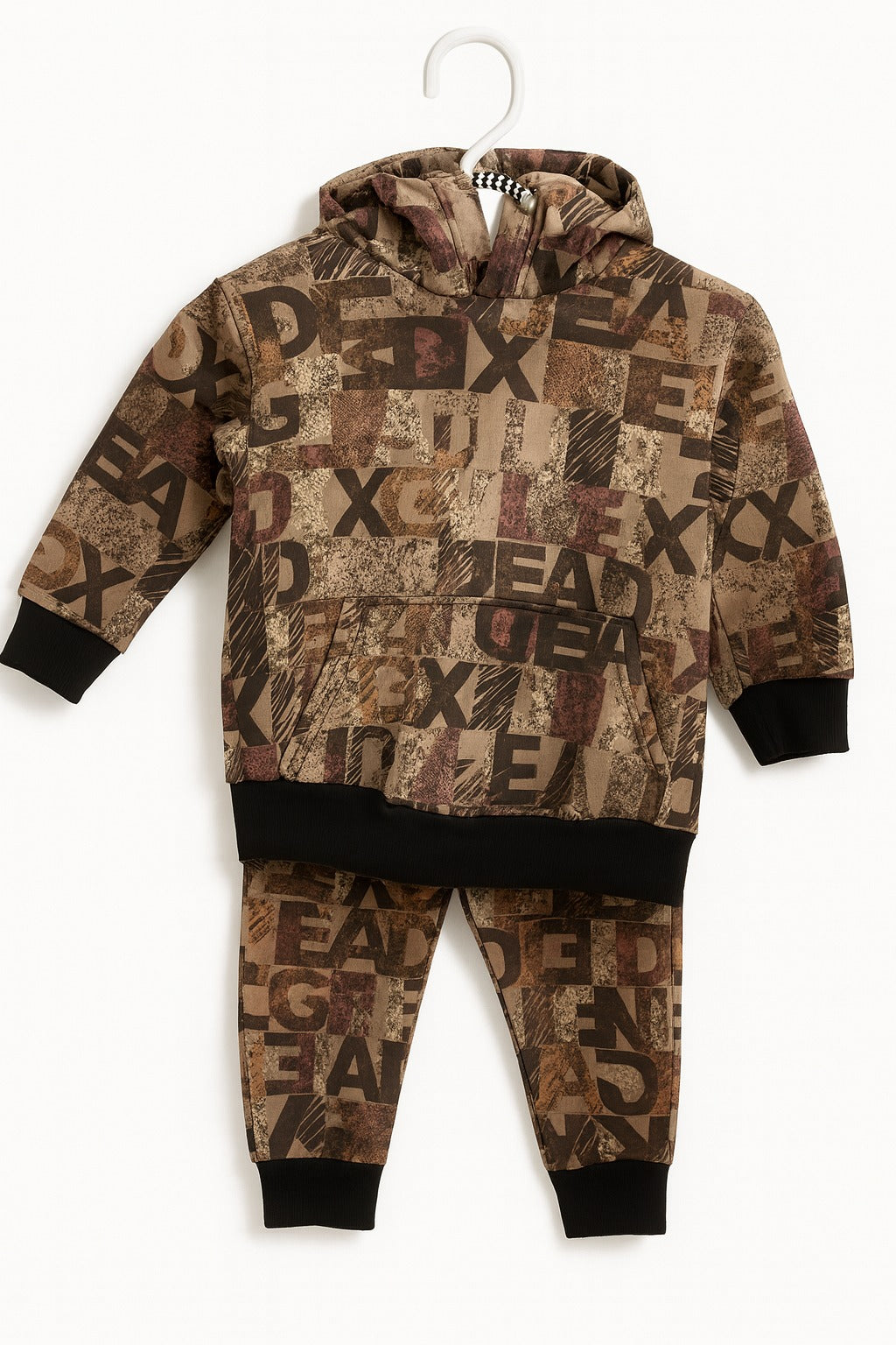 Brown Alphabets Print Hoodie Warm Winter Fleece Suit