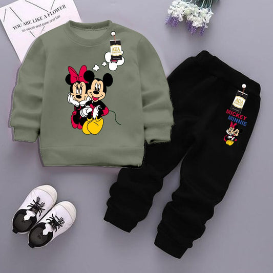 Light Green  and Black (Micky Mouse) Printed Kids Tracksuit for Winter By Zarhas.pk