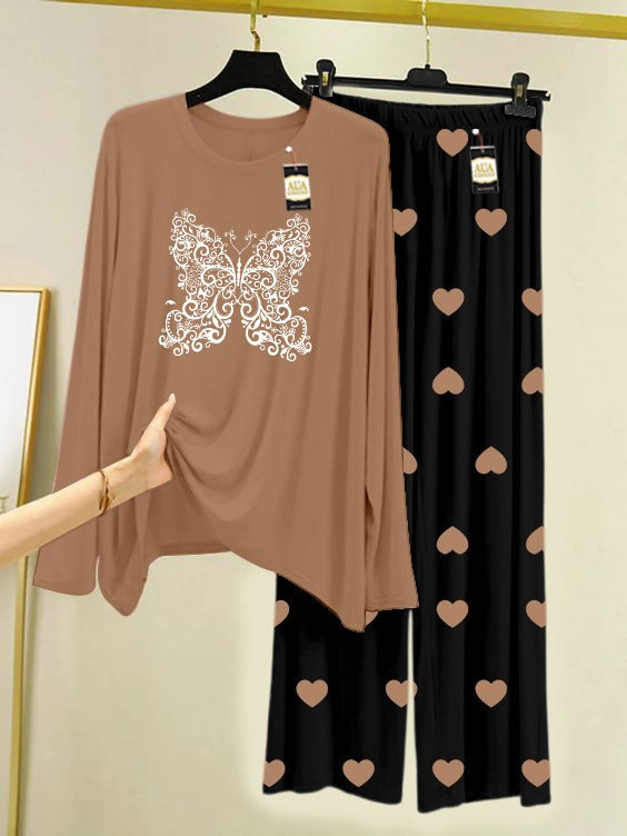 LIGHT BROWN BUTTERFLY Printed Nightwear Set with Black Mini Heart Printed Trousers – Women's Lounge Wear (006)