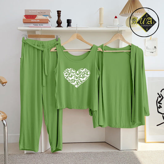 Sea Green Butterfly Heart 3 Piece Lounge wear Nightwear Sleepwear For Women