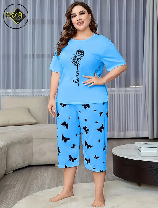 Sky Blue Rose love Printed Half-Sleeved Vest For Leisure Home Wear Female Sleepwear Night Dress By Aua garments
