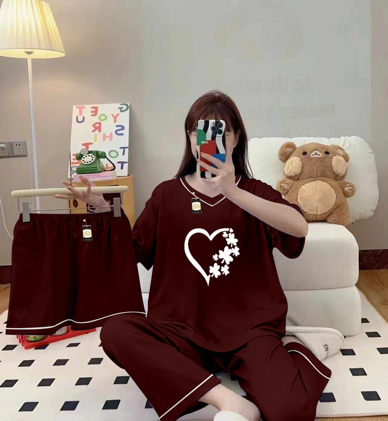 3-Piece Cami Nightwear Set for Women with Elegant White Borders Maroon Women heart