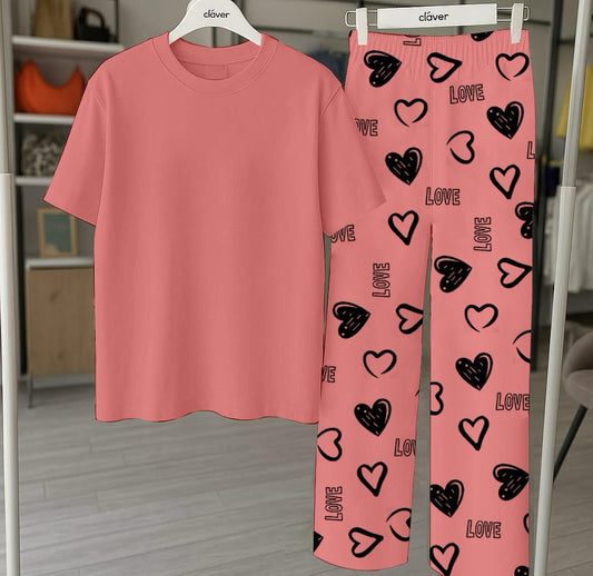 Plan Peach Printed Nightwear Set With Star Butterfly Printed Trousers – Women's Lounge Wear (010)