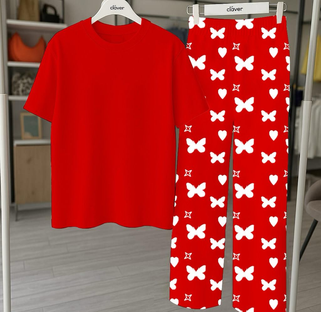 Plan Brown Printed Nightwear Set With Star Butterfly Printed Trousers – Women's Lounge Wear (010)