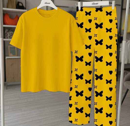 Plan Yellow  Printed Nightwear Set With Star Butterfly Printed Trousers – Women's Lounge Wear (010)