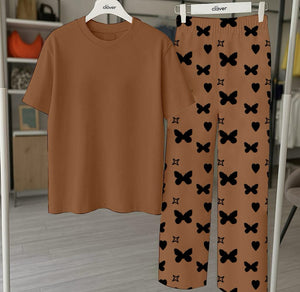 Plan Brown Printed Nightwear Set With Star Butterfly Printed Trousers – Women's Lounge Wear (010)