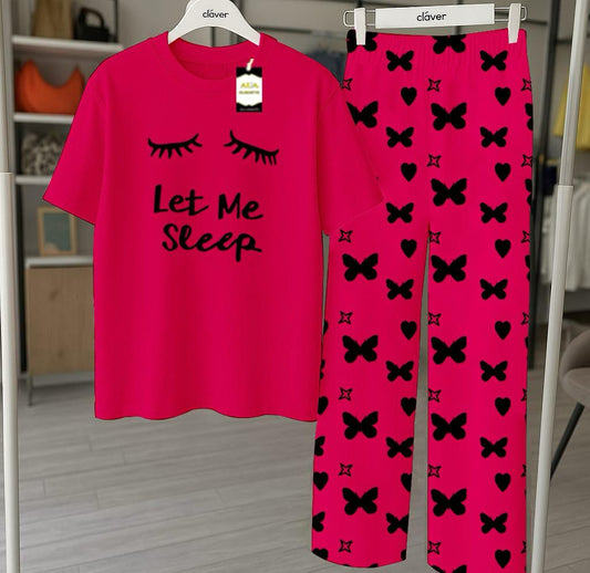 Pink Let Me Sleep Printed Nightwear Set With Star Butterfly Printed Trousers – Women's Lounge Wear (010)
