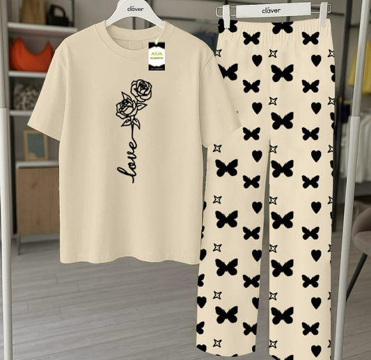 Plan Grey Printed Nightwear Set With Star Butterfly Printed Trousers – Women's Lounge Wear (010)