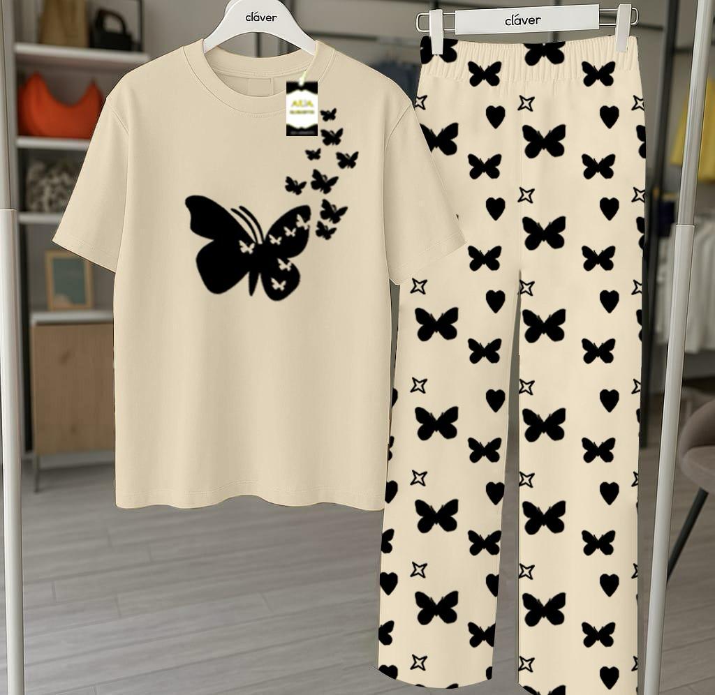 Grey Flying Butterfly Printed Nightwear Set With Star Butterfly Printed Trousers – Women's Lounge Wear (010)