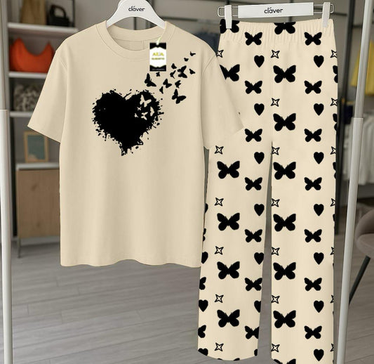 Grey Flying Heart Printed Nightwear Set With Star Butterfly Printed Trousers – Women's Lounge Wear (010)