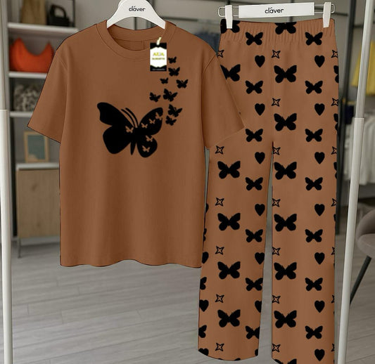 Brown Flying Butterfly Printed Nightwear Set With Star Butterfly Printed Trousers – Women's Lounge Wear (010)