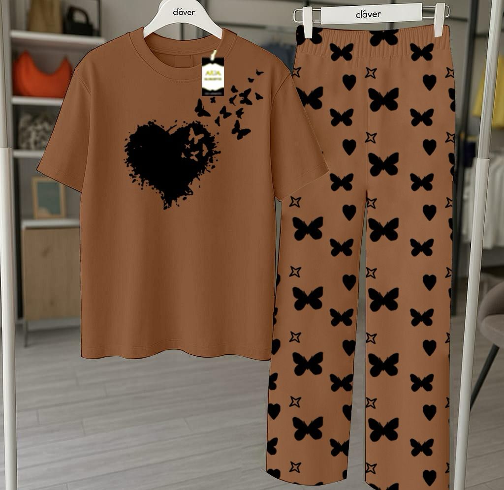 Beige Flying Heart Printed Nightwear Set With Star Butterfly Printed Trousers – Women's Lounge Wear (010)
