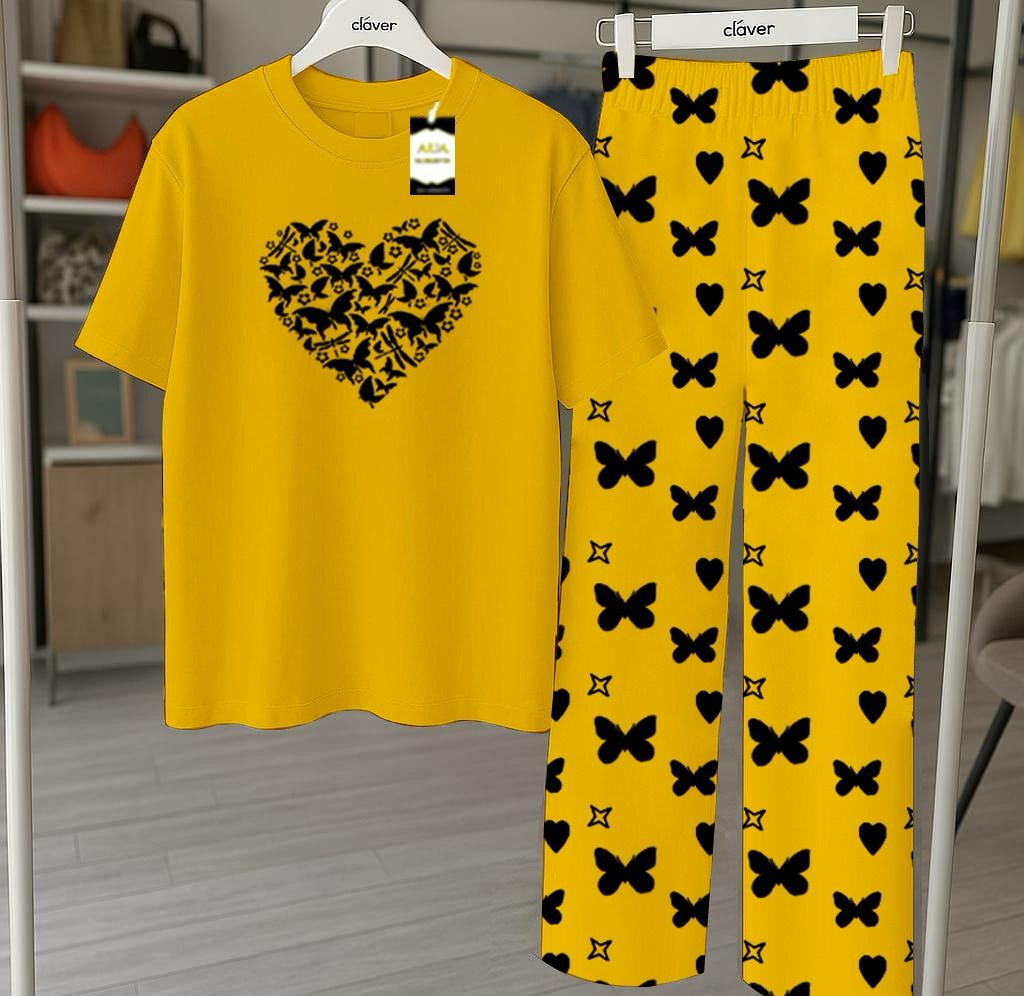 Yellow Butterfly Heart Printed Nightwear Set With Star Butterfly Printed Trousers – Women's Lounge Wear (010)