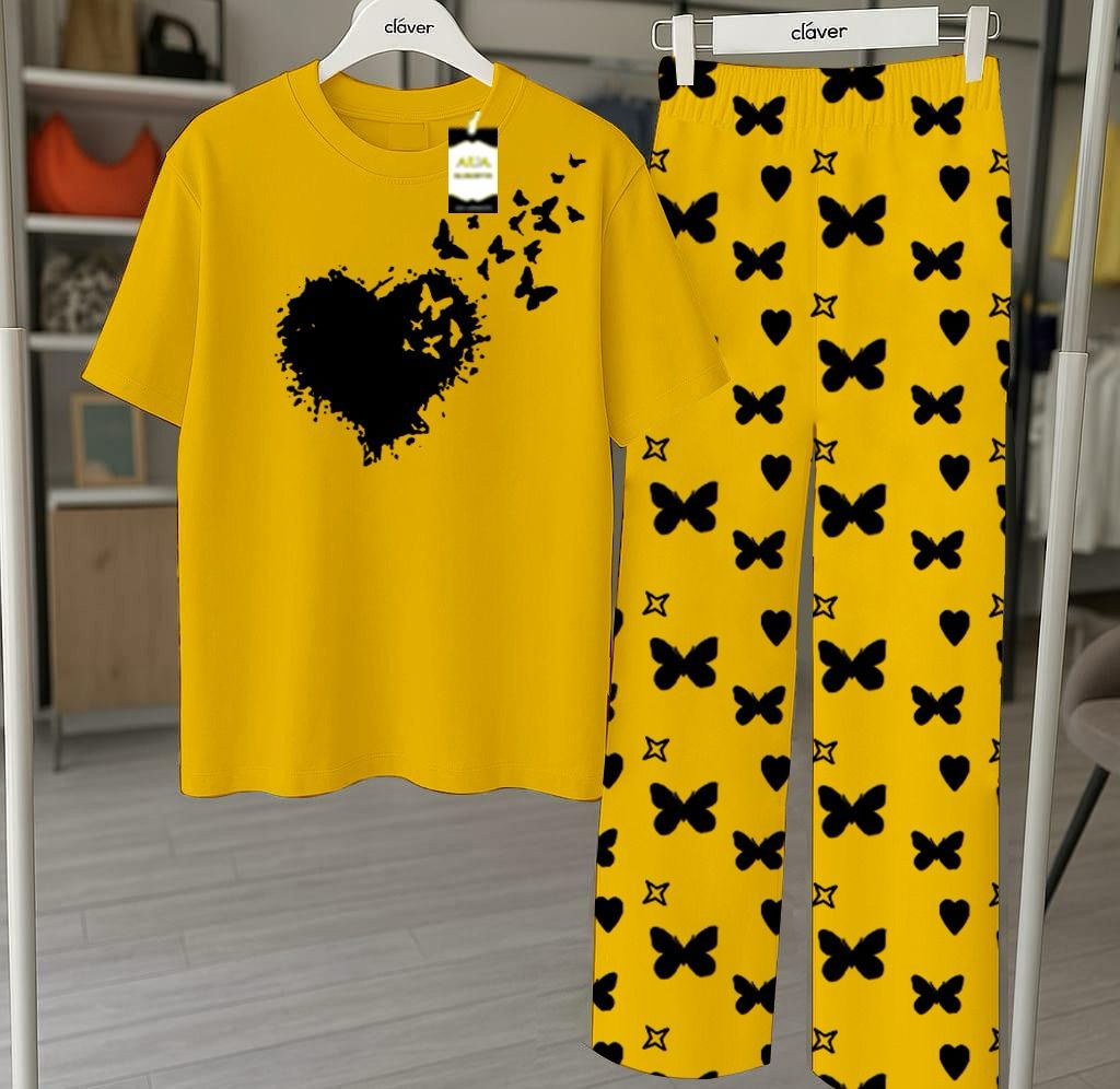 Yellow Flying Heart  Printed Nightwear Set With Star Butterfly Printed Trousers – Women's Lounge Wear (010)