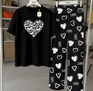 Black Butterfly Heart Printed Nightwear Set With Star Butterfly Printed Trousers – Women's Lounge Wear (010)