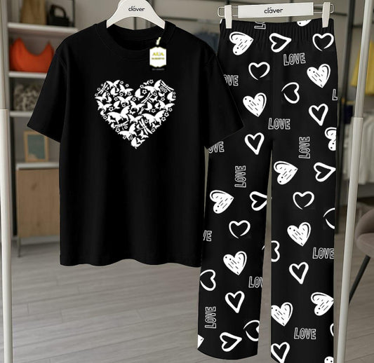 Black Butterfly Heart Printed Nightwear Set With Star Butterfly Printed Trousers – Women's Lounge Wear (010)