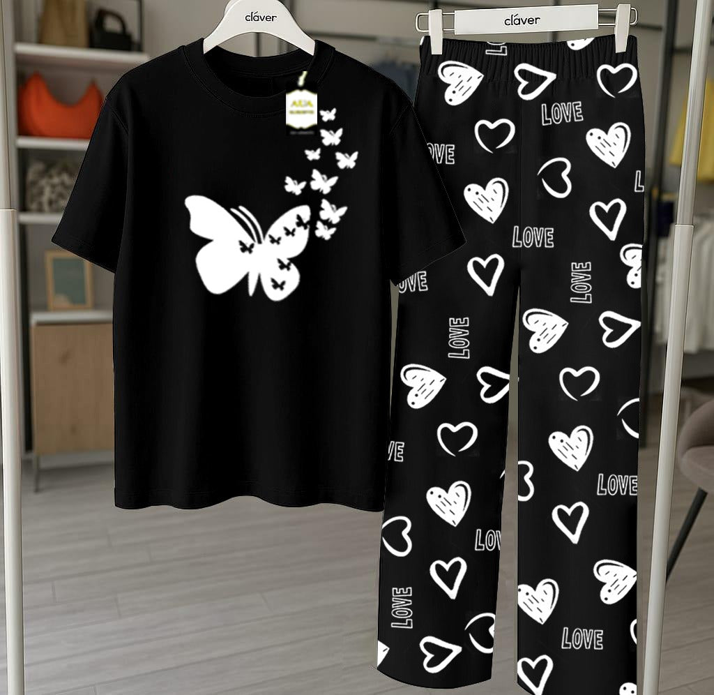 Black Flying Heart Printed Nightwear Set With Star Butterfly Printed Trousers – Women's Lounge Wear (010)