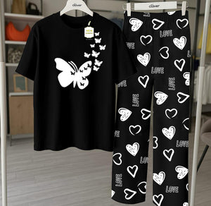 Black Flying Heart Printed Nightwear Set With Star Butterfly Printed Trousers – Women's Lounge Wear (010)