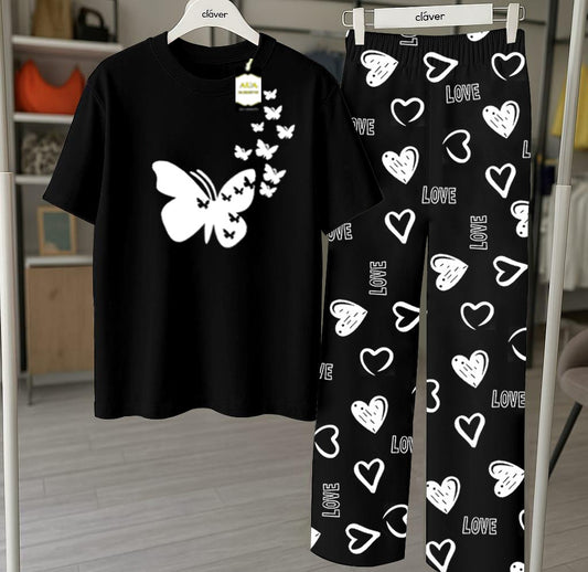 Black Flying Heart Printed Nightwear Set With Star Butterfly Printed Trousers – Women's Lounge Wear (010)
