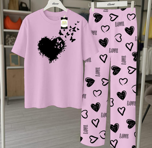 Purple Flying Heart Printed Nightwear Set With Star Butterfly Printed Trousers – Women's Lounge Wear (010)