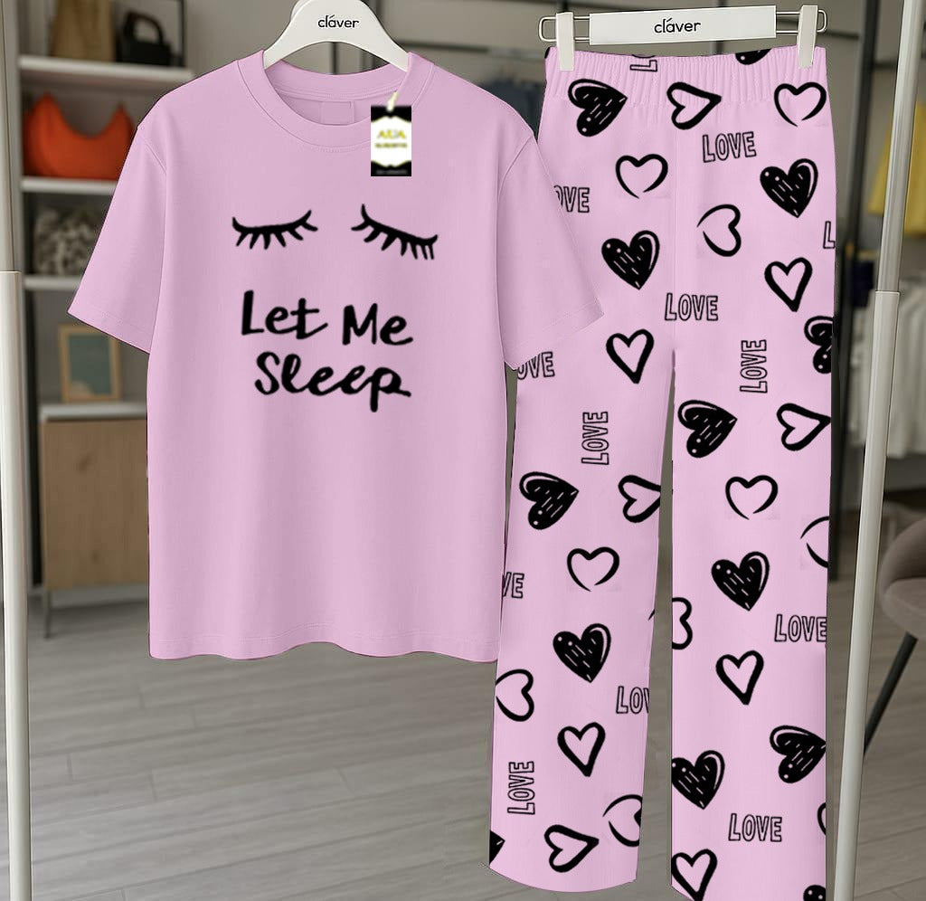 Purple Let Me Sleep Printed Nightwear Set With Star Butterfly Printed Trousers – Women's Lounge Wear (010)