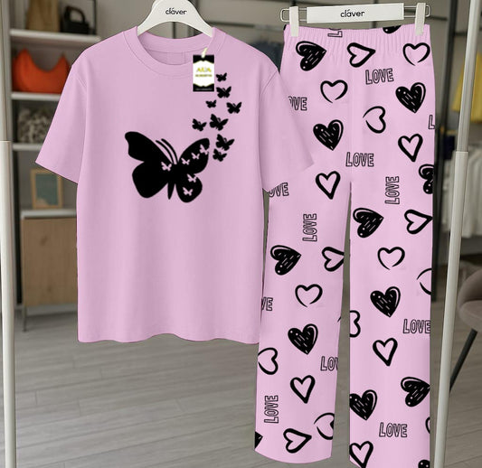 Purple Flying Butterfly Printed Nightwear Set With Star Butterfly Printed Trousers – Women's Lounge Wear (010)