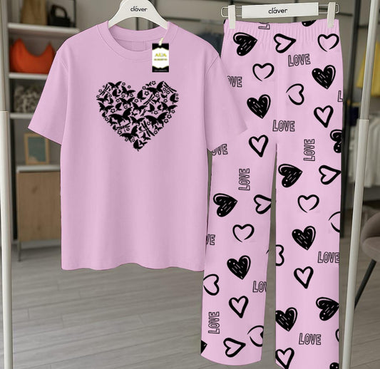 Purple Butterfly Heart Printed Nightwear Set With Star Butterfly Printed Trousers – Women's Lounge Wear (010)