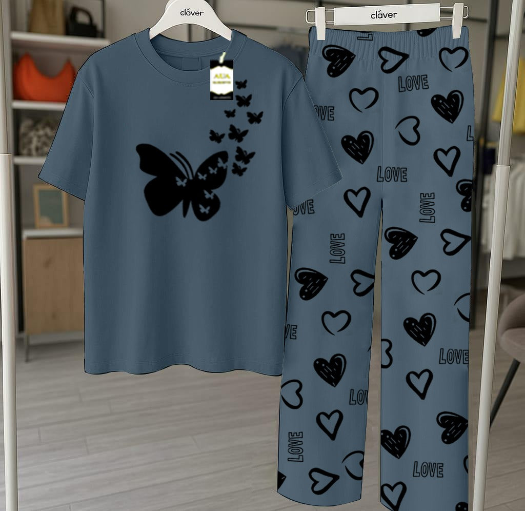 Aqua Flying Butterfly Printed Nightwear Set With Star Butterfly Printed Trousers – Women's Lounge Wear (010)