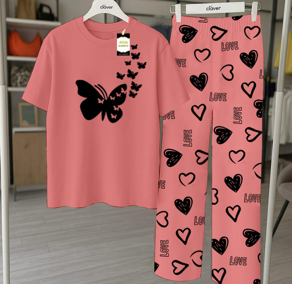 Peach Flying Butterfly Printed Nightwear Set With Star Butterfly Printed Trousers – Women's Lounge Wear (010)