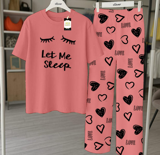 Peach Let ME Sleep Printed Nightwear Set With Star Butterfly Printed Trousers – Women's Lounge Wear (010)