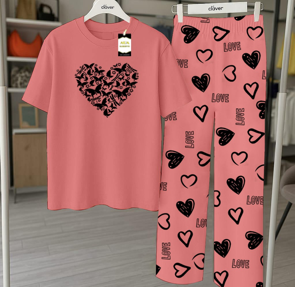 Peach Butterfly Heart Printed Nightwear Set With Star Butterfly Printed Trousers – Women's Lounge Wear (010)