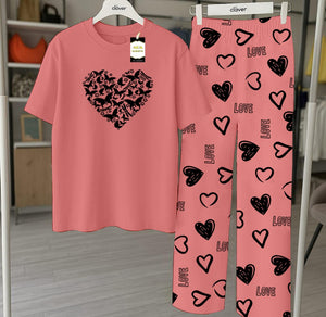 Peach Butterfly Heart Printed Nightwear Set With Star Butterfly Printed Trousers – Women's Lounge Wear (010)