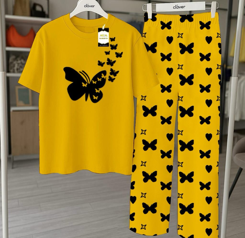 Yellow Flying Butterfly Printed Nightwear Set With Star Butterfly Printed Trousers – Women's Lounge Wear (010)
