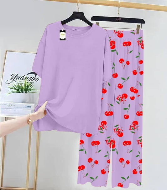 Plan Purple Printed Nightwear Set With Cherry Printed Printed Trousers – Women's Lounge Wear (014)