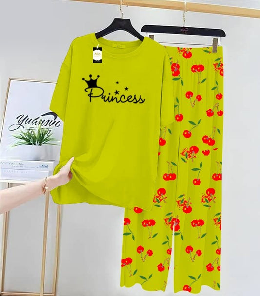 GREEN PRINCESS Printed Nightwear Set With Cherry Printed Printed Trousers – Women's Lounge Wear (014)