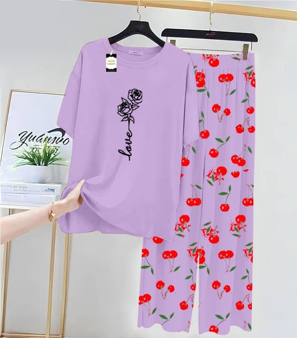 PURPLE ROSE LOVE Printed Nightwear Set With Cherry Printed Printed Trousers – Women's Lounge Wear (014)