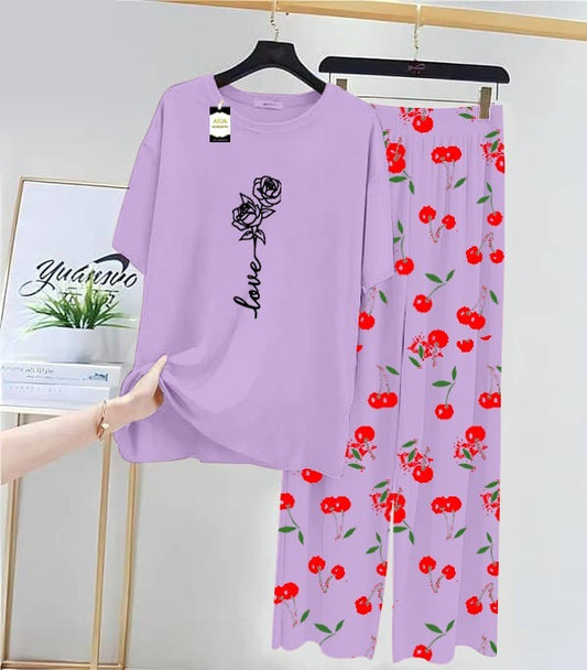 PURPLE ROSE LOVE Printed Nightwear Set With Cherry Printed Printed Trousers – Women's Lounge Wear (014)