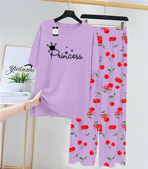 PURPLE PRINCESS Printed Nightwear Set With Cherry Printed Printed Trousers – Women's Lounge Wear (014)