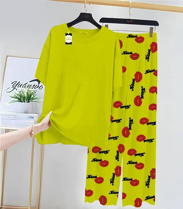Plan Green Printed Nightwear Set With Kiss Printed Trousers – Women's Lounge Wear (014)